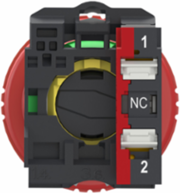 Emergency stop switching off, Harmony XB5, grey plastic, red mushroom 40mm, 22mm, trigger turn to release, 1NC, push in
