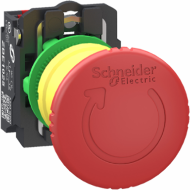 Emergency stop switching off, Harmony XB5, grey plastic, red mushroom 40mm, 22mm, trigger turn to release, 1NC, push in