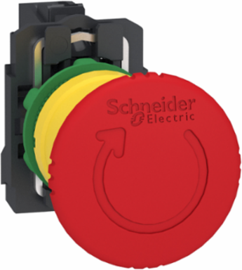 Emergency stop switching off, Harmony XB5, plastic, red mushroom 40mm, 22mm, trigger latching turn to release, 1NC with monitoring
