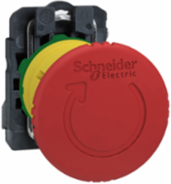 Emergency stop switching off, Harmony XB5, plastic, red mushroom 40mm, 22mm, trigger latching turn to release, 1NC with monitoring