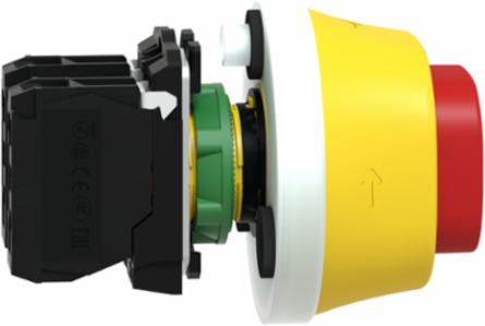 Illuminated emergency stop, Harmony XB5, plastic, 22mm, trigger latching turn to release, white red LED, 24V AC DC, 1 NO + 1 NC