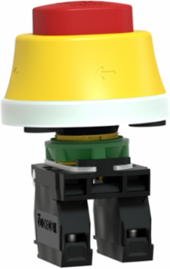 Illuminated emergency stop, Harmony XB5, plastic, 22mm, trigger latching turn to release, white red LED, 24V AC DC, 1 NO + 1 NC