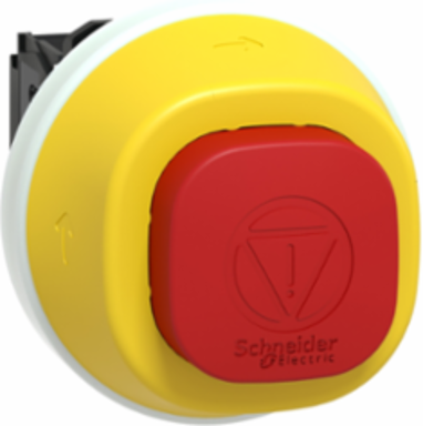Illuminated emergency stop, Harmony XB5, plastic, 22mm, trigger latching turn to release, white red LED, 24V AC DC, 1 NO + 1 NC