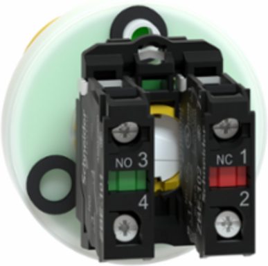 Illuminated emergency stop, Harmony XB5, plastic, 22mm, trigger latching turn to release, white red LED, 24V AC DC, 1 NO + 1 NC
