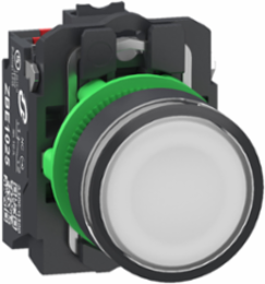 Illuminated push button, Harmony XB5, plastic, white flush, 22mm, universal LED, plain lens, 1NO+1NC, 24V AC DC, push in