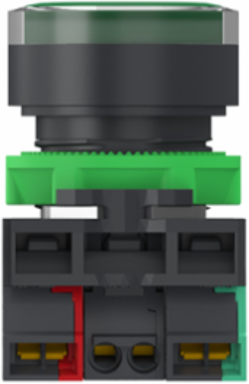 Illuminated push button, Harmony XB5, plastic, green flush, 22mm, universal LED, plain lens, 1NO+1NC, 24V AC DC, push in