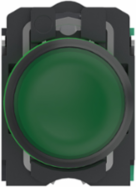 Illuminated push button, Harmony XB5, plastic, green flush, 22mm, universal LED, plain lens, 1NO+1NC, 24V AC DC, push in