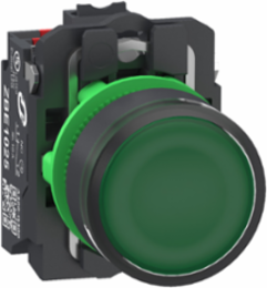 Illuminated push button, Harmony XB5, plastic, green flush, 22mm, universal LED, plain lens, 1NO+1NC, 24V AC DC, push in