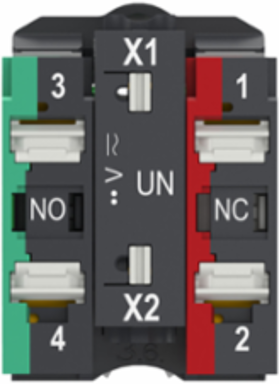 Illuminated push button, Harmony XB5, plastic, red flush, 22mm, universal LED, plain lens, 1 NO+1 NC, 24V AC DC, push in
