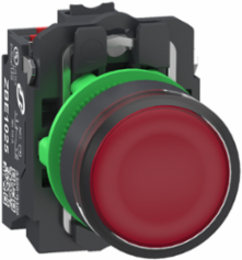 Illuminated push button, Harmony XB5, plastic, red flush, 22mm, universal LED, plain lens, 1 NO+1 NC, 24V AC DC, push in