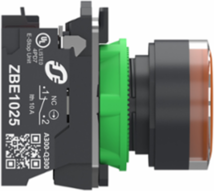 Illuminated push button, Harmony XB5, plastic, orange flush, 22mm, universal LED, plain lens, 1NO+1NC, 24VAC DC, push in
