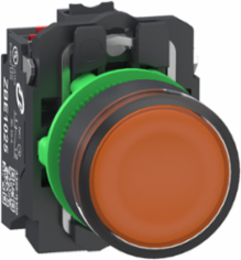 Illuminated push button, Harmony XB5, plastic, orange flush, 22mm, universal LED, plain lens, 1NO+1NC, 24VAC DC, push in