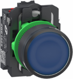 Illuminated push button, Harmony XB5, plastic, blue flush, 22mm, universal LED, plain lens, 1NO+1NC, 24V AC DC, push in