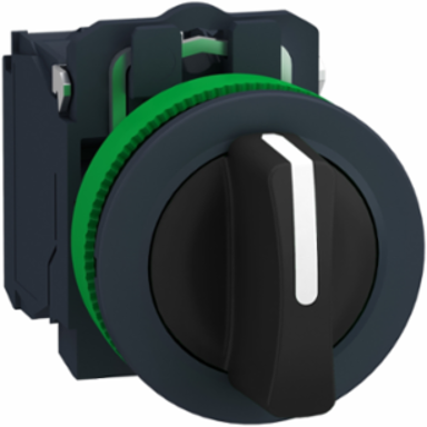 Selector switch, Harmony XB5, flush mounted, plastic, black, 30mm, 3 positions, spring return to center, 2NO