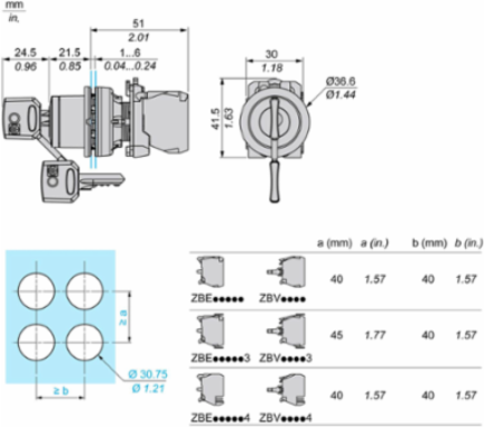 Key switch selector flush mounted, Harmony XB5, plastic, black, 30mm, key 455, 2 positions, spring return right to left, 1 NO