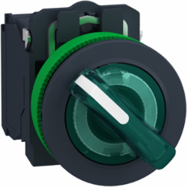 Illuminated selector switch, Harmony XB5, grey plastic, green handle, 30mm, universal LED, 2 positions, 1NO + 1NC, 110...120V AC