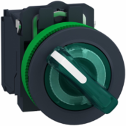 Illuminated selector switch, Harmony XB5, grey plastic, green handle, 30mm, universal LED, 2 positions, 1NO + 1NC, 110...120V AC
