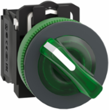 Illuminated selector switch, Harmony XB5, grey plastic, green handle, 30mm, universal LED, 2 positions, 1NO + 1NC, 230...240V AC