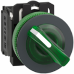 Illuminated selector switch, Harmony XB5, grey plastic, green handle, 30mm, universal LED, 2 positions, 1NO + 1NC, 230...240V AC