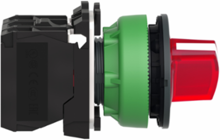Illuminated selector switch, Harmony XB5, grey plastic, red handle, 30mm, universal LED, 2 positions, 1NO + 1NC, 110...120V AC
