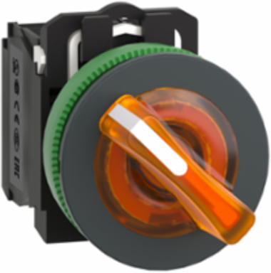 Illuminated selector switch, Harmony XB5, grey plastic, orange handle, 30mm, universal LED, 2 positions, 1NO + 1NC, 230...240V AC