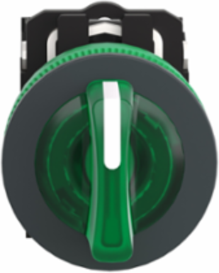 Illuminated selector switch, Harmony XB5, grey plastic, green handle, 30mm, universal LED, 3 positions, 1NO + 1NC, 24V AC DC