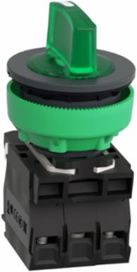 Illuminated selector switch, Harmony XB5, grey plastic, green handle, 30mm, universal LED, 3 positions, 1NO + 1NC, 24V AC DC