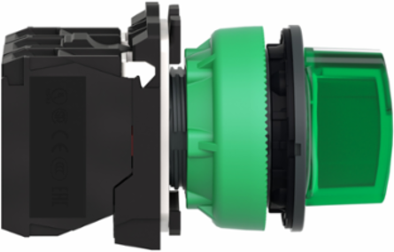 Illuminated selector switch, Harmony XB5, grey plastic, green handle, 30mm, universal LED, 3 positions, 1NO + 1NC, 24V AC DC