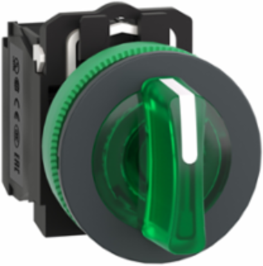 Illuminated selector switch, Harmony XB5, grey plastic, green handle, 30mm, universal LED, 3 positions, 1NO + 1NC, 24V AC DC
