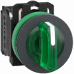 Illuminated selector switch, Harmony XB5, grey plastic, green handle, 30mm, universal LED, 3 positions, 1NO + 1NC, 24V AC DC