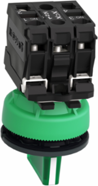Illuminated selector switch, Harmony XB5, grey plastic, green handle, 30mm, universal LED, 3 positions, 1NO + 1NC, 110...120V AC