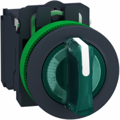 Illuminated selector switch, Harmony XB5, grey plastic, green handle, 30mm, universal LED, 3 positions, 1NO + 1NC, 110...120V AC