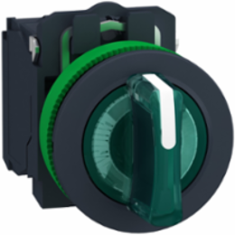 Illuminated selector switch, Harmony XB5, grey plastic, green handle, 30mm, universal LED, 3 positions, 1NO + 1NC, 110...120V AC