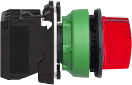 Illuminated selector switch, Harmony XB5, grey plastic, red handle, 30mm, universal LED, 3 positions, 1NO + 1NC, 110...120V AC