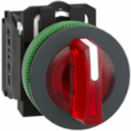 Illuminated selector switch, Harmony XB5, grey plastic, red handle, 30mm, universal LED, 3 positions, 1NO + 1NC, 110...120V AC