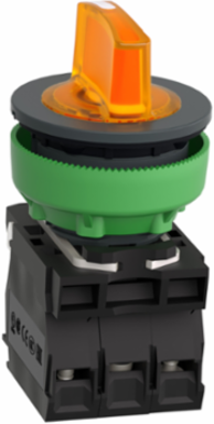 Illuminated selector switch, Harmony XB5, grey plastic, orange handle, 30mm, universal LED, 3 positions, 1NO + 1NC, 110...120V AC