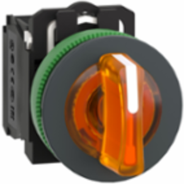 Illuminated selector switch, Harmony XB5, grey plastic, orange handle, 30mm, universal LED, 3 positions, 1NO + 1NC, 110...120V AC