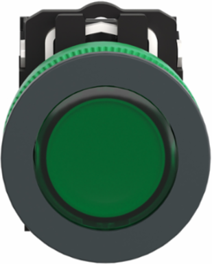 Illuminated push button, Harmony XB5, green, 30mm, universal LED, 1NO + 1NC, 230...240V AC