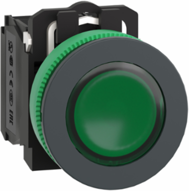 Illuminated push button, Harmony XB5, green, 30mm, universal LED, 1NO + 1NC, 230...240V AC