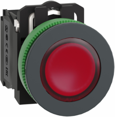 Illuminated push button, Harmony XB5, red, 30mm, universal LED, 1NO + 1NC, 230...240V AC