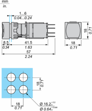Complete push button, Harmony XB6, red square flush pushbutton 16mm spring return 1NO+1NC unmarked