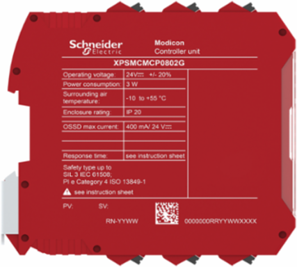 Safety controller, Modicon MCM, 8 inputs 2 outputs, monitors expansion modules, spring