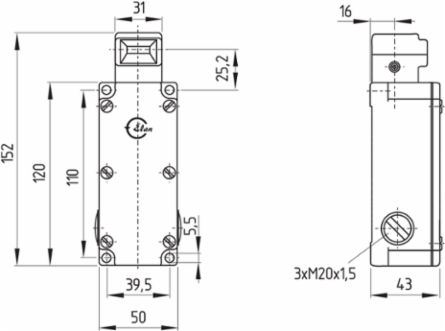 Safety Switch with Separate Actuator, 50 mm x 152 mm x 43 mm, IP67