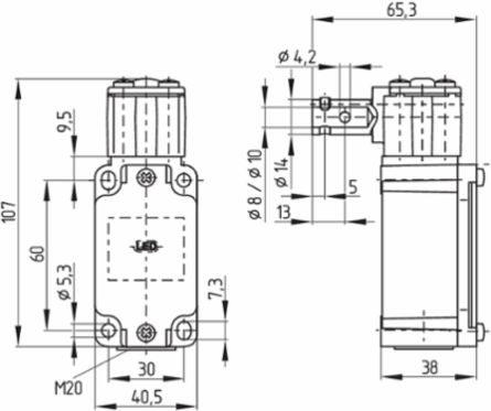 Hinge Safety Switch, IP67, 65.3 mm Length, 107 mm Height, 265 g Weight