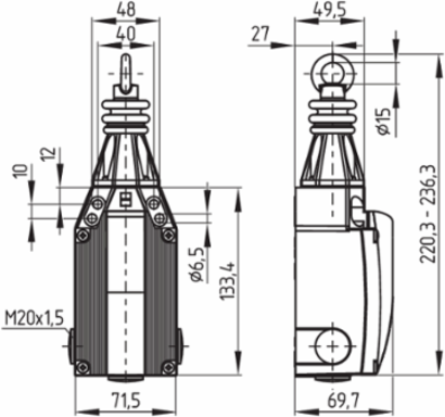 TQ 900-13 Pull-Wire Switch, 50 m Wire Length, IP65/IP67, 1 NO/3 NC, 220.3 mm Height