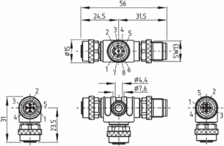 CSS-T T-Adapter, M12 Thread, 56 mm Length, 30 VDC, 40 g Weight