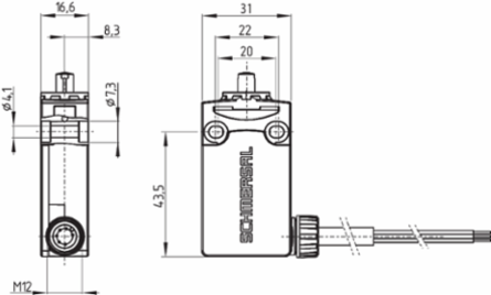 PS116 Roller Plunger Switch, Snap Action, IP66/IP67, 2 m Cable, 9.5 mm Roller