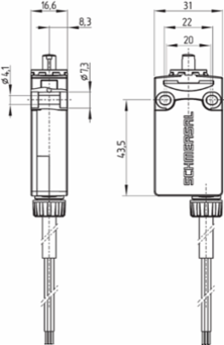 PS116 Plunger Switch S200, IP66/IP67, 16.6 mm Length, 2 m Cable