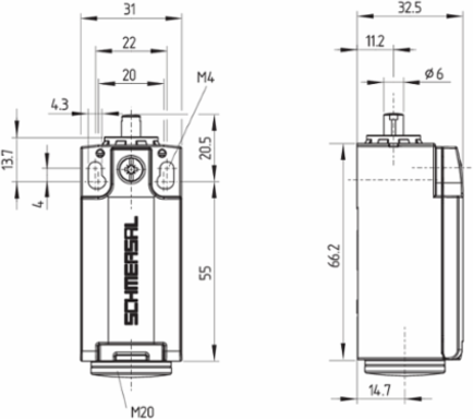 Position Switch PS215-T12-R200, IP67, 85.6mm Height, Metal Housing, 206g