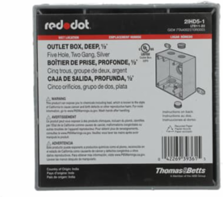 Aluminum Weatherproof Box, 42 Cubic Inches, 2-Gang, 5 Outlets, Hub Size 1/2 Inch